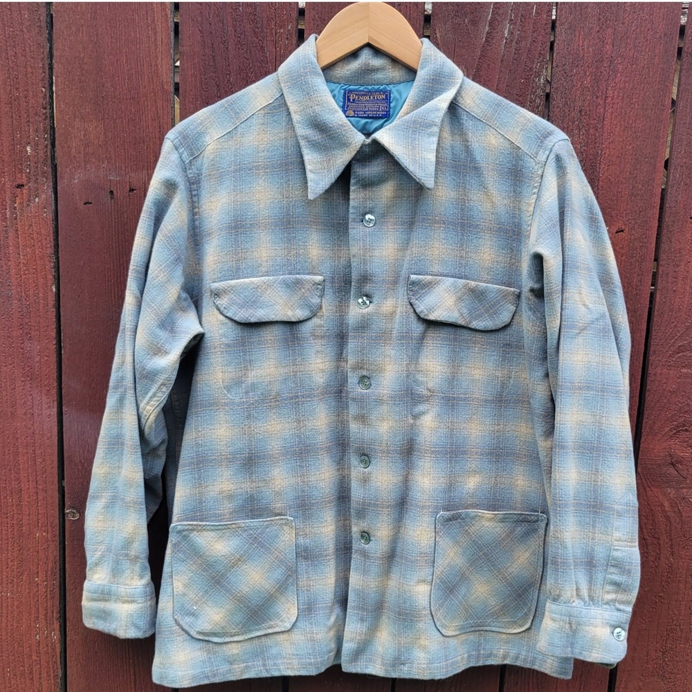 Vintage Pendleton Wool Board Shirt XL Blue Plaid Modified Chore Jacket USA Made